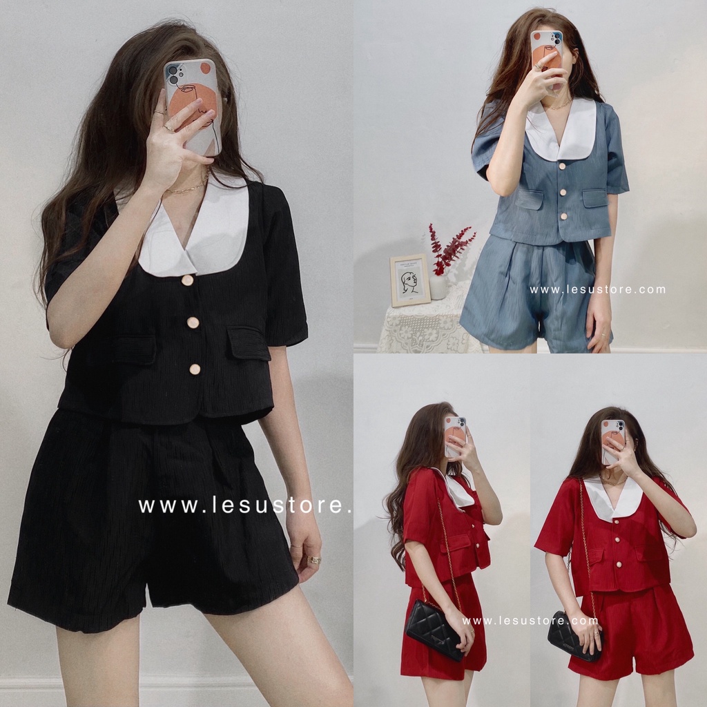 ẢNH TỰ CHỤP Set áo cổ sen trắng tay ngắn phối short xếp li