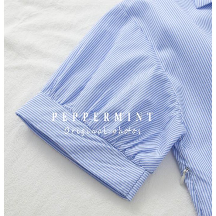 Đầm mini tay phồng cổ chữ V kẻ sọc xanh thời trang 35686