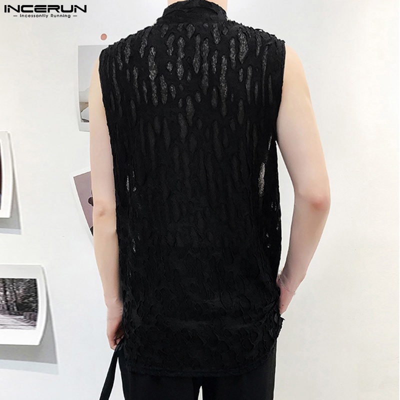 Áo tanktop INCERUN cổ lọ phối ren phong cách retro cho nam