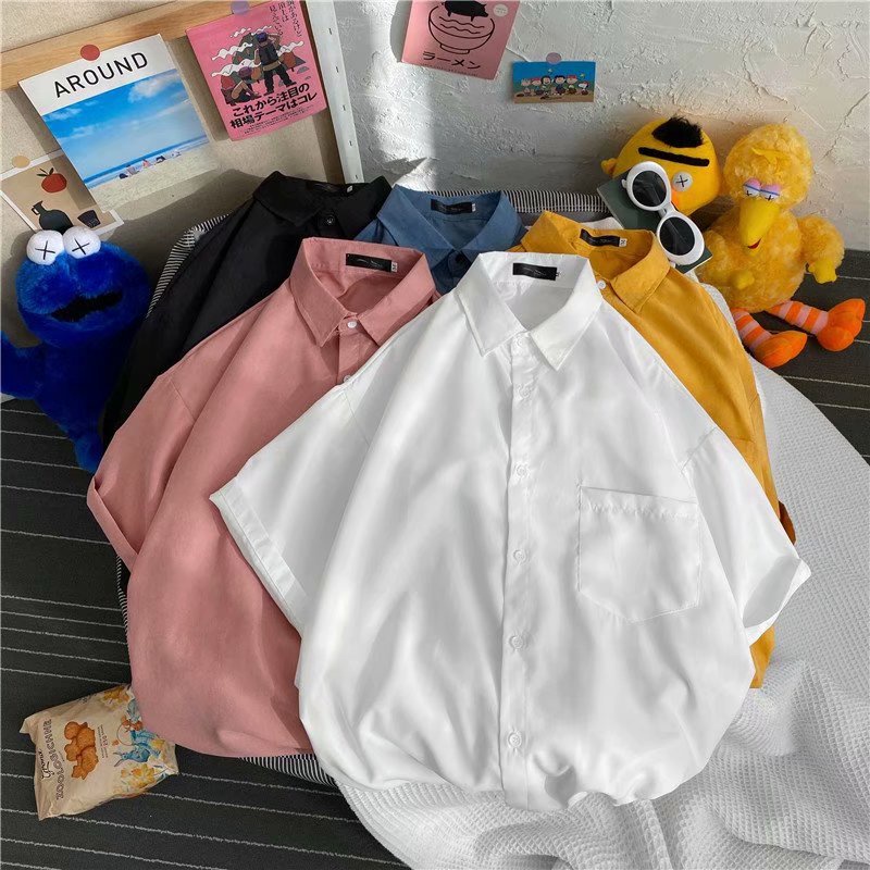 Summer Korean style solid color loose short-sleeved shirt for men