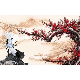 Tranh dán tường 3D hoa đào - vải lụa phủ kim sa