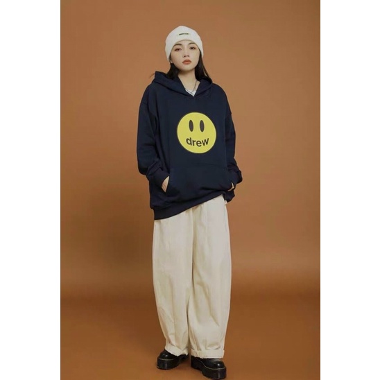 áo hoodie đen in măt cươi unisex from rộng