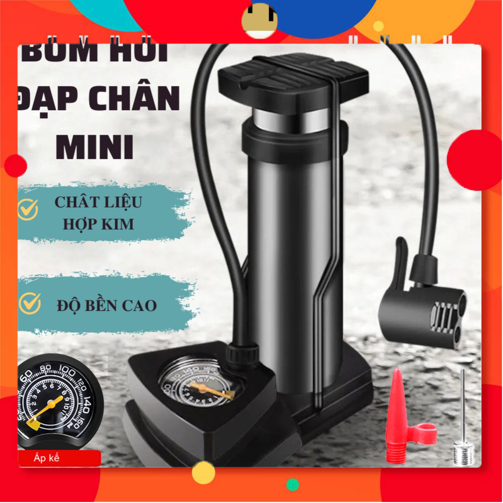 Bơm Xe Đạp,bơm hơi đạp chân mini đa năng có đồng hồ đo áp suất, dùng cho xe máy, xe đạp, ô tô,thiết kế chuyên dụng mang