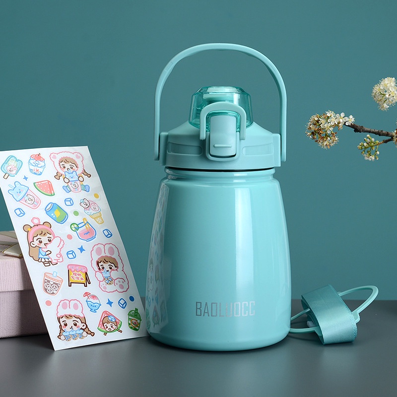 Bình giữ nhiệt cao cấp 850ml bụng nhỏ thể thao kèm stickers có dây đeo đẹp chắc chắn