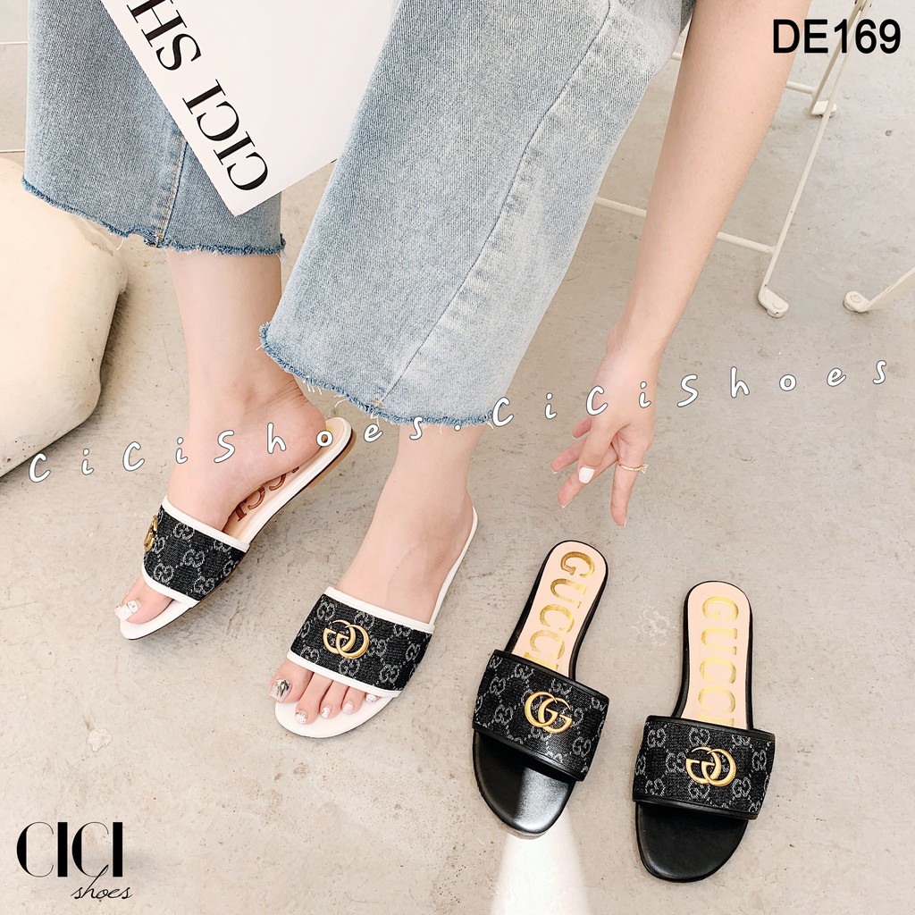 Dép bệt nữ CiCi Shoes mũi tròn, dép quai ngang vải khóa đồng - DE169