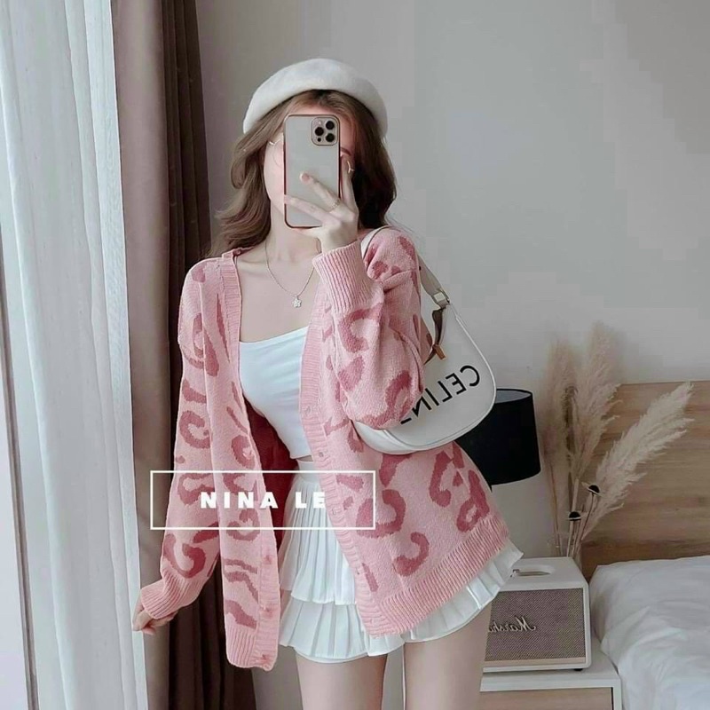 [FREESHIP] Áo khoác cardigan len form rộng hoạ tiết báo hồng neon báo nâu chất đanh dày chuẩn hàng Quảng Châu Cao Cấp