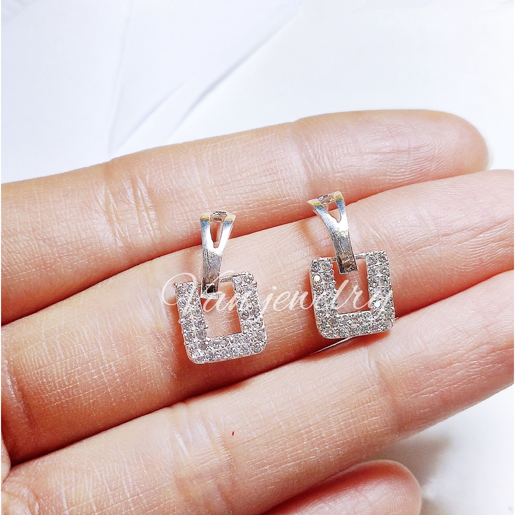 Khuyên tai bạc khuyen tai mặt tròn, mặt vuông nạm đá trắng lấp lánh sang chảnh