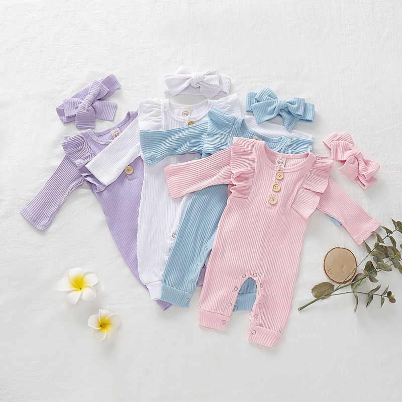 Jumpsuit Dài Tay+Băng Buộc Đầu Cho Bé Gái