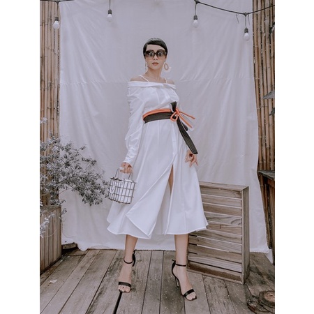 Đầm sơ mi xẻ tà đai cột MUSHOOM LEE 3 màu trắng đen cam