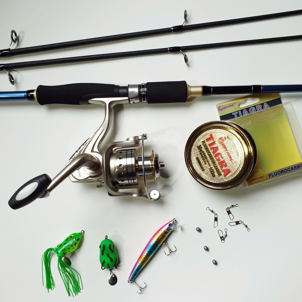 Bộ Cần Câu Lure máy đứng Shimano 2 ngọn + máy câu cá yolo TFB 3000 kim loại + cước câu cá + 3 mồi câu lure + phụ kiện sh