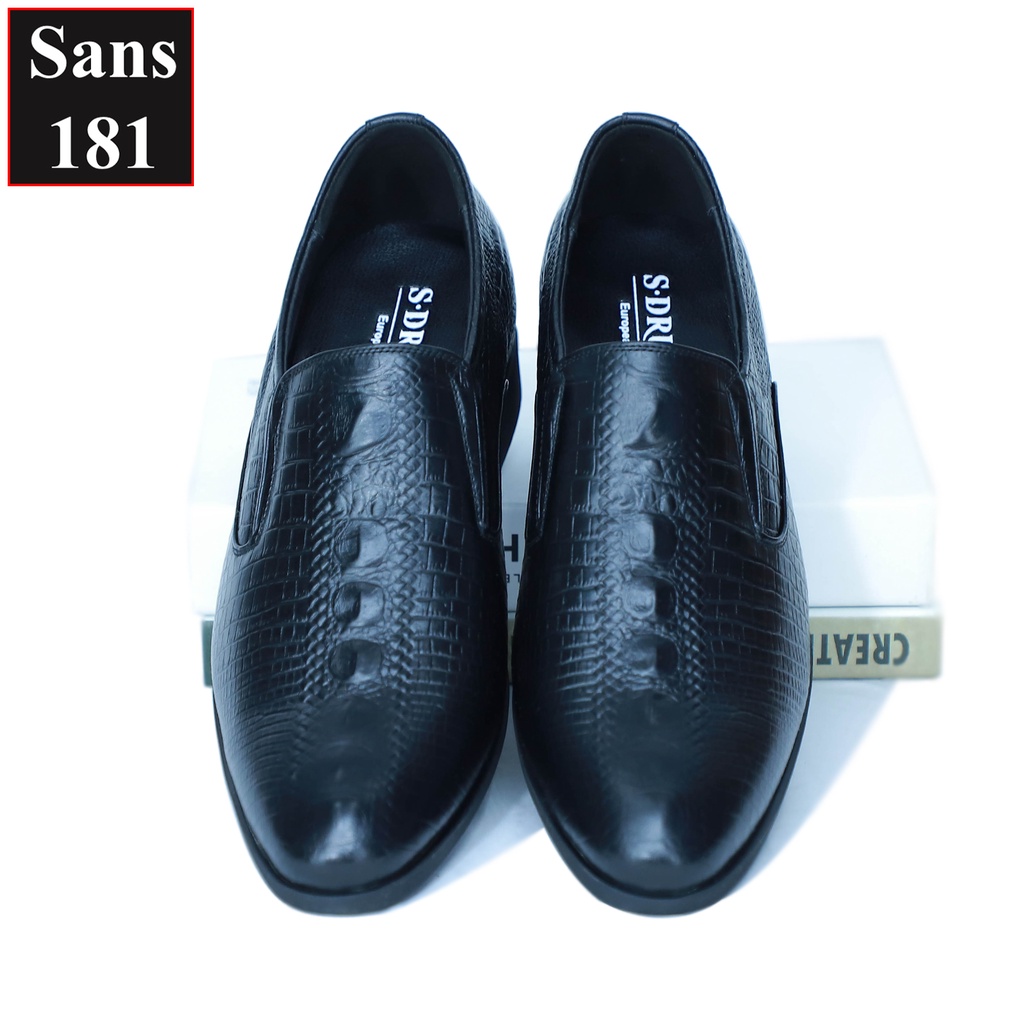 Giày tây da bò thật tăng chiều cao 6cm Sans181 giầy công sở nam lười âu dập vân cá sấu độn đế nâng gót chú rể mặc vest