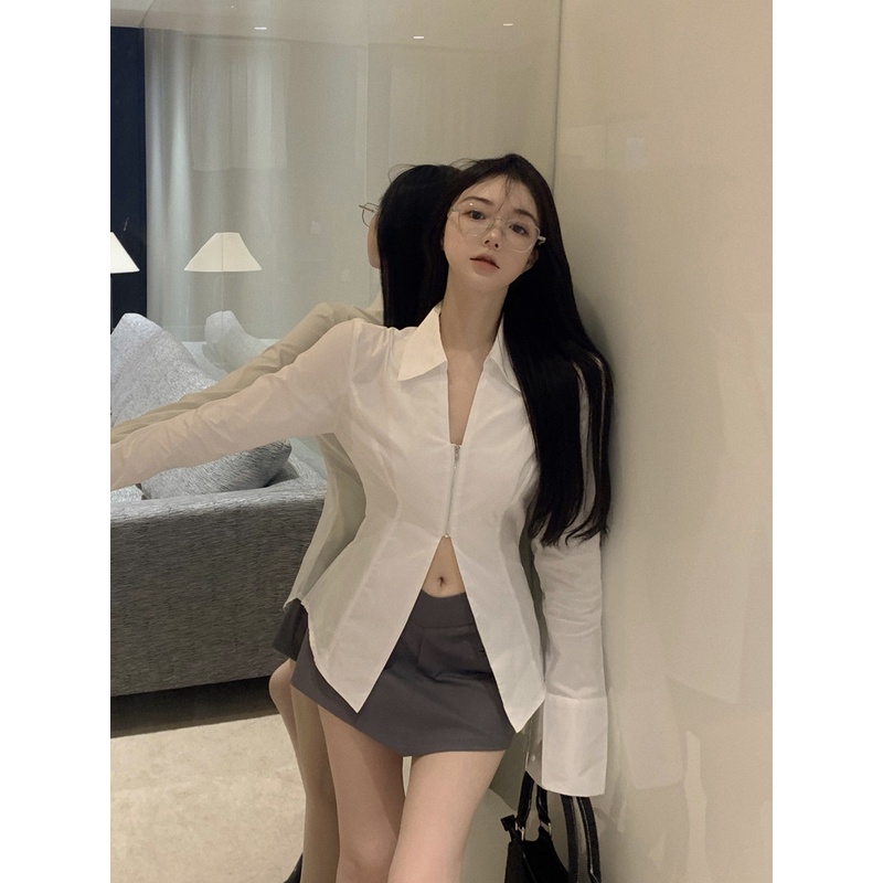 HUANG YOYO Áo Sơ Mi Trắng Tay Dài Cổ Chữ v Khóa Kéo Thời Trang Hàn Quốc Cho Nữ
