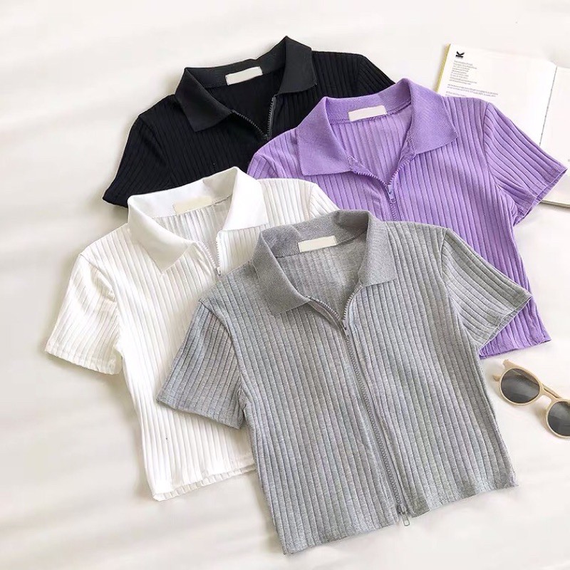 CÓ SẴN | ÁO CROPTOP TAY NGẮN CÓ CỔ, KHOÁ KÉO | BigBuy360 - bigbuy360.vn