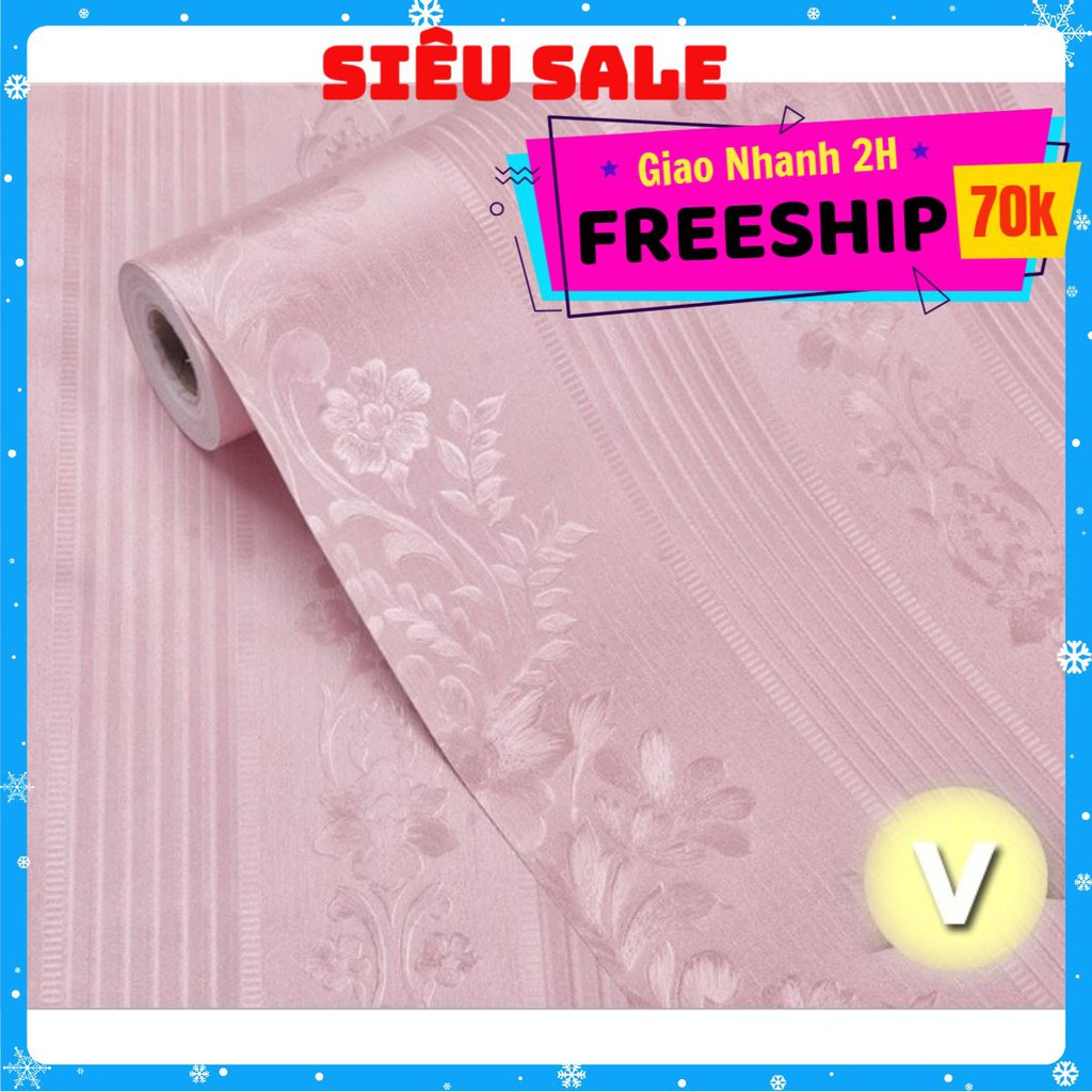 10M Giấy dán tường Sọc hồng Nổi hoa văn cao cấp sẵn keo khổ rộng 45cm