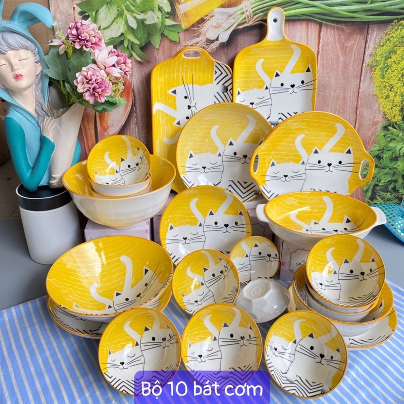 Bộ Bát Đĩa Ăn Cơm Chén Dĩa Sứ Hoạ Tiết Mèo Vàng Chibi Decor Phong Cách Nhật Bản