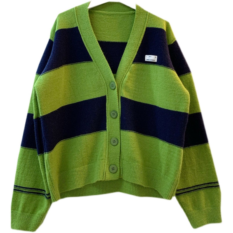Áo cardigan len nữ dệt kim màu xanh lá Quảng châu cao cấp phong cách Hàn Quốc khoác ngoài cá tính kẻ ngang kozoda AC45