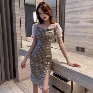 Đầm sườn xám cách tân tay phồng họa tiết caro phong cách retro ngọt ngào