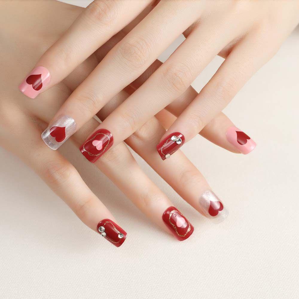 Bộ Móng Tay Giả Họa Tiết Nơ Trái Tim Dễ Thương DIY|Phụ Kiện Nối Dài Móng Tay Chuyên Dụng