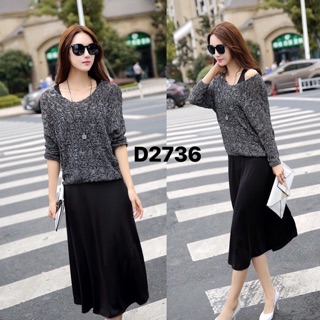 SET ĐẦM THUN KÈM ÁO LEN LỆCH VAI