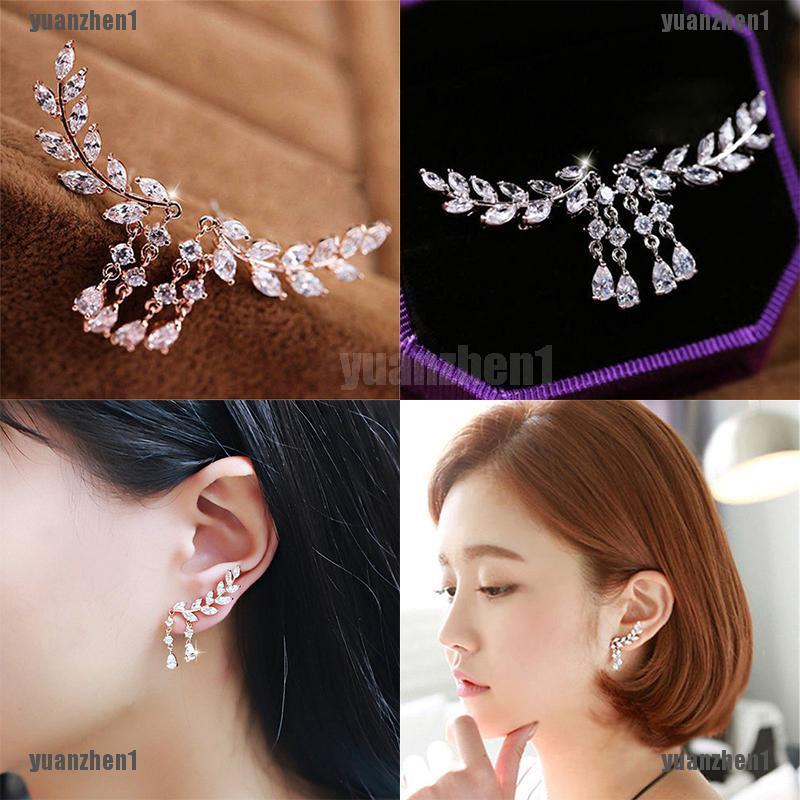 Hoa Tai Dáng Dài Hình Lá Đính Đá Zircon