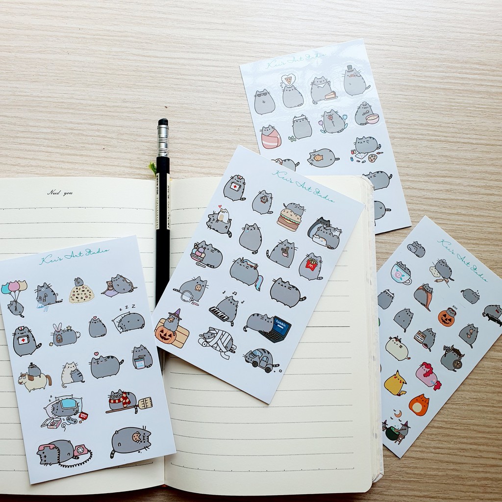 Set 4 tờ sticker mèo pusheen cat, mèo mập xám nhiều biểu cảm dễ thương trang trí sổ