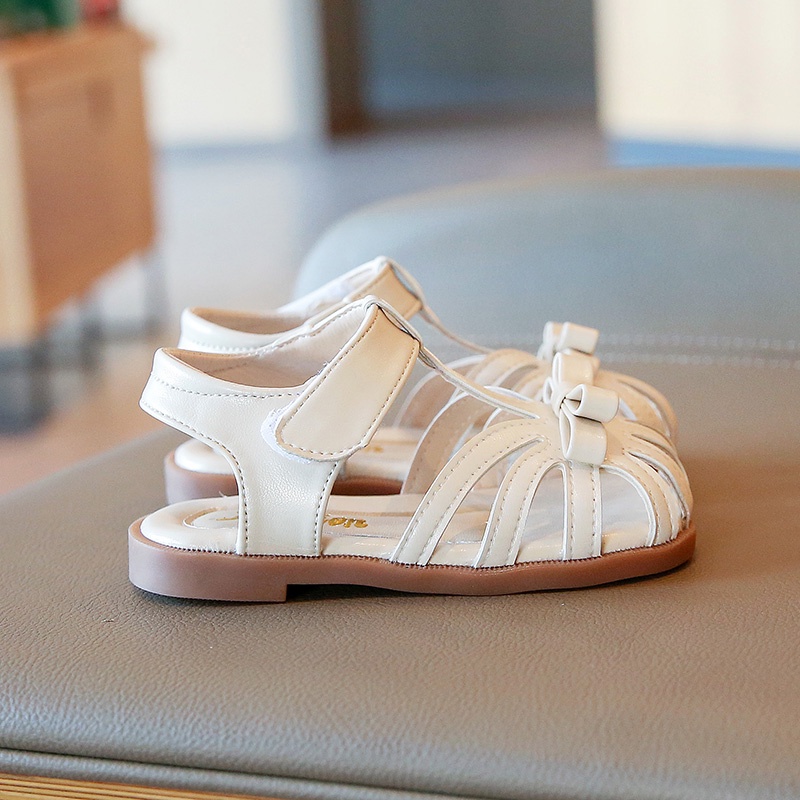 Sandal quai dán đính nơ màu trơn thời trang cho bé gái 1-8 tuổi