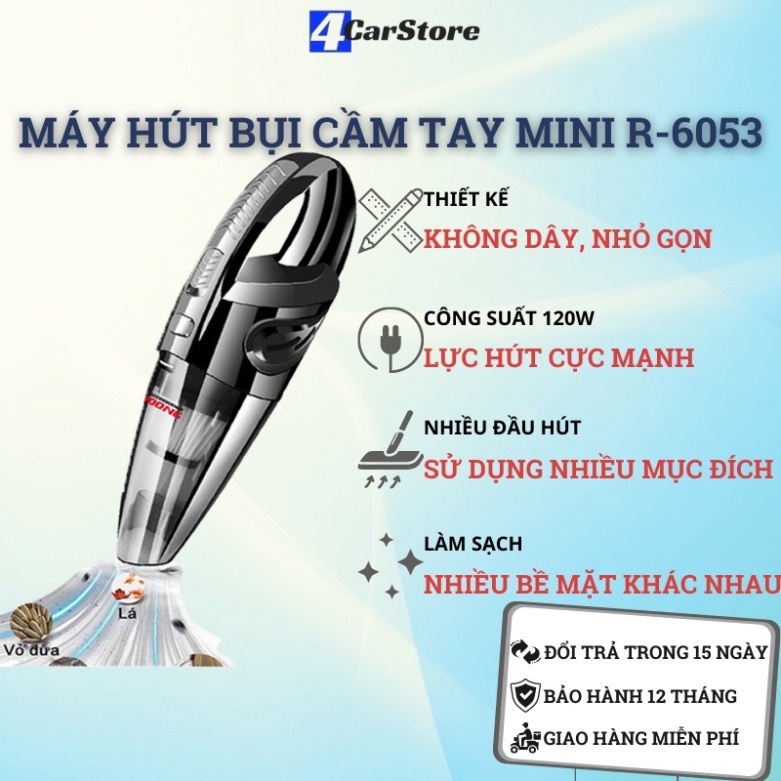 Máy hút bụi cầm tay không dây mini R-6053 cao cấp | Thiết kế đẹp mắt, sang trọng, nhỏ gọn dùng cho ô tô và gia đình