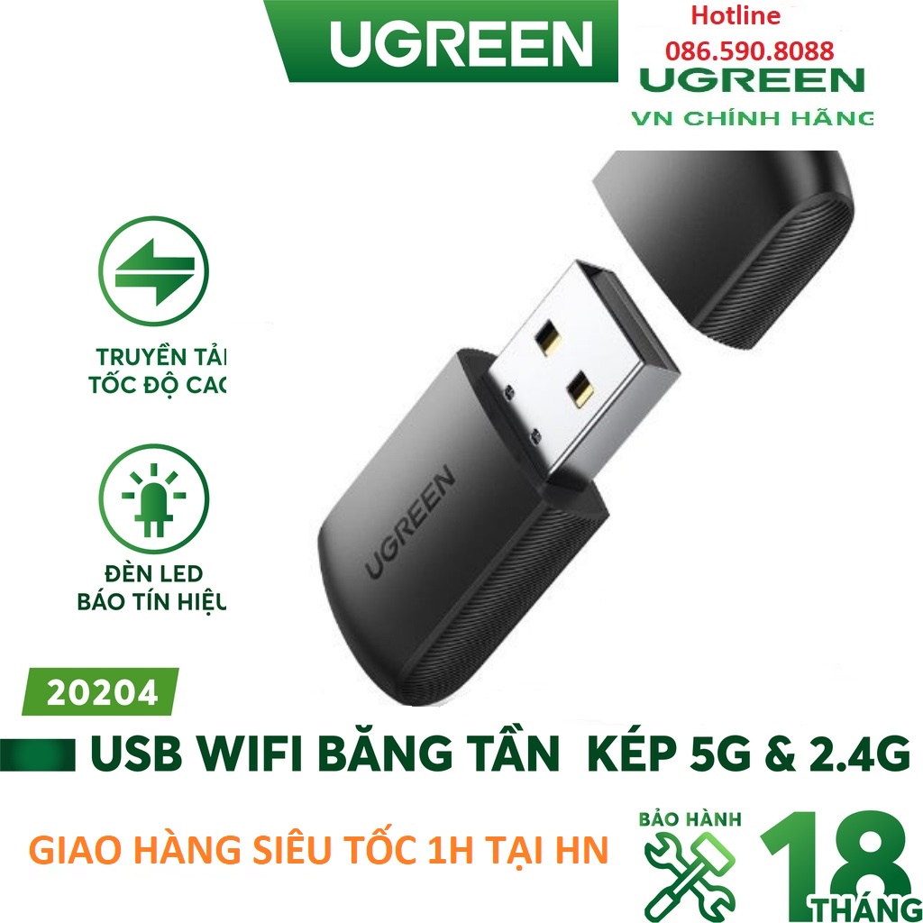 USB Thu Phát Wifi UGREEN 20204 Băng tần kép 5G & 2.4G - Hàng Chính Hãng Bảo Hành 18 Tháng