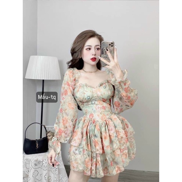 Đầm voan hoa xoè tay dài hai tầng 3 màu