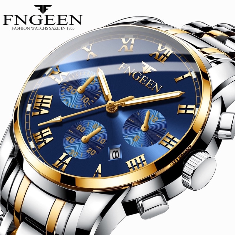 Đồng hồ đôi nam nữ Fngeen F921 mặt xanh tuyệt đẹp, lịch tháng dây thép bền màu