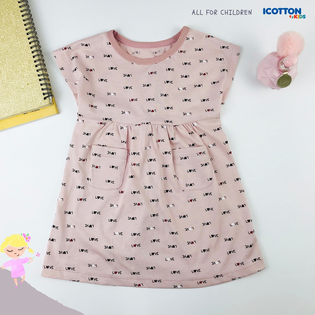 Váy liền thân bé gái Icotton họa tiết love màu Hồng từ 1 đến 8 tuổi