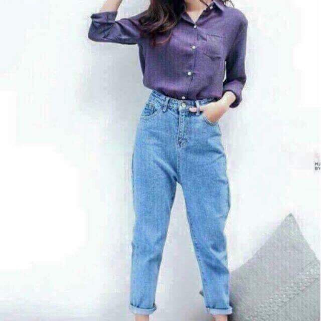 Quần Baggy jean nữ màu xanh đậm trơn truyền thống đẹp y hình đủ size 40kg đến 82kg | BigBuy360 - bigbuy360.vn