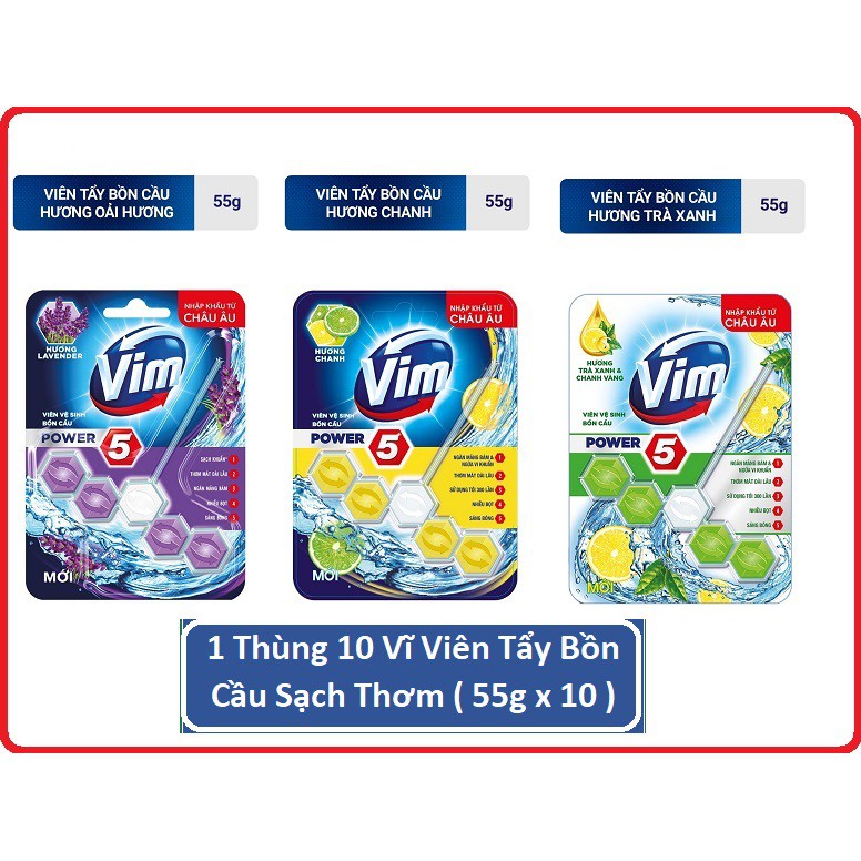 THÙNG 10 Vĩ - VIÊN VỆ SINH BỒN CẦU VIM POWER 5 sạch khuẩn thơm mát 55g