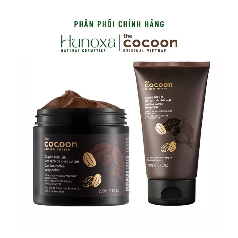 Combo tẩy tế bào chết body và tẩy da chết mặt cà phê Đắk Lắk Cocoon làm sạch và sáng da - HUNOXA