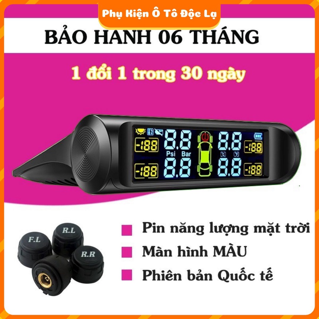 Cảm Biến Áp Suất lốp ô tô TPMS- Màn hình màu-pin năng lượng mặt trời-chíp chống nước IP67-1 đổi 1 trong 60 ngày-