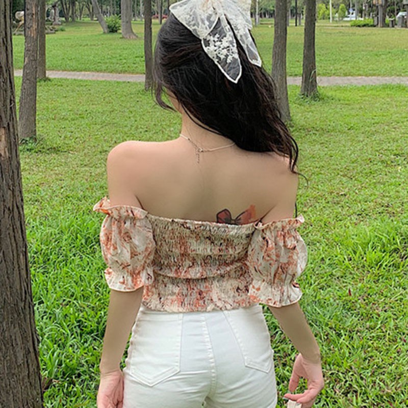 Áo Kiểu Chất Chiffon Tay Ngắn Thiết Kế Trễ Vai Quyến Rũ