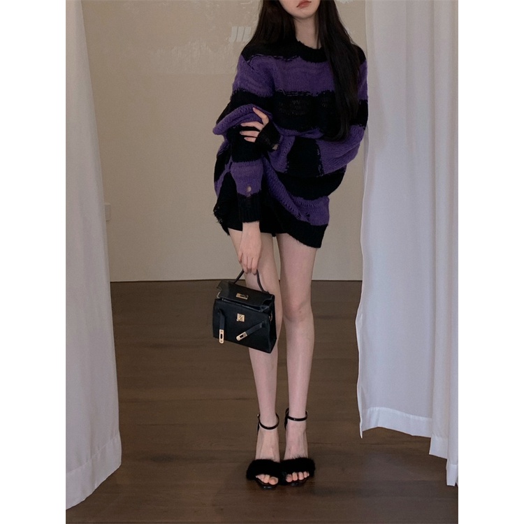 Áo Dệt Kim Mỏng Dáng Rộng Họa Tiết Kẻ Sọc Rỗng Thời Trang Hàn Quốc