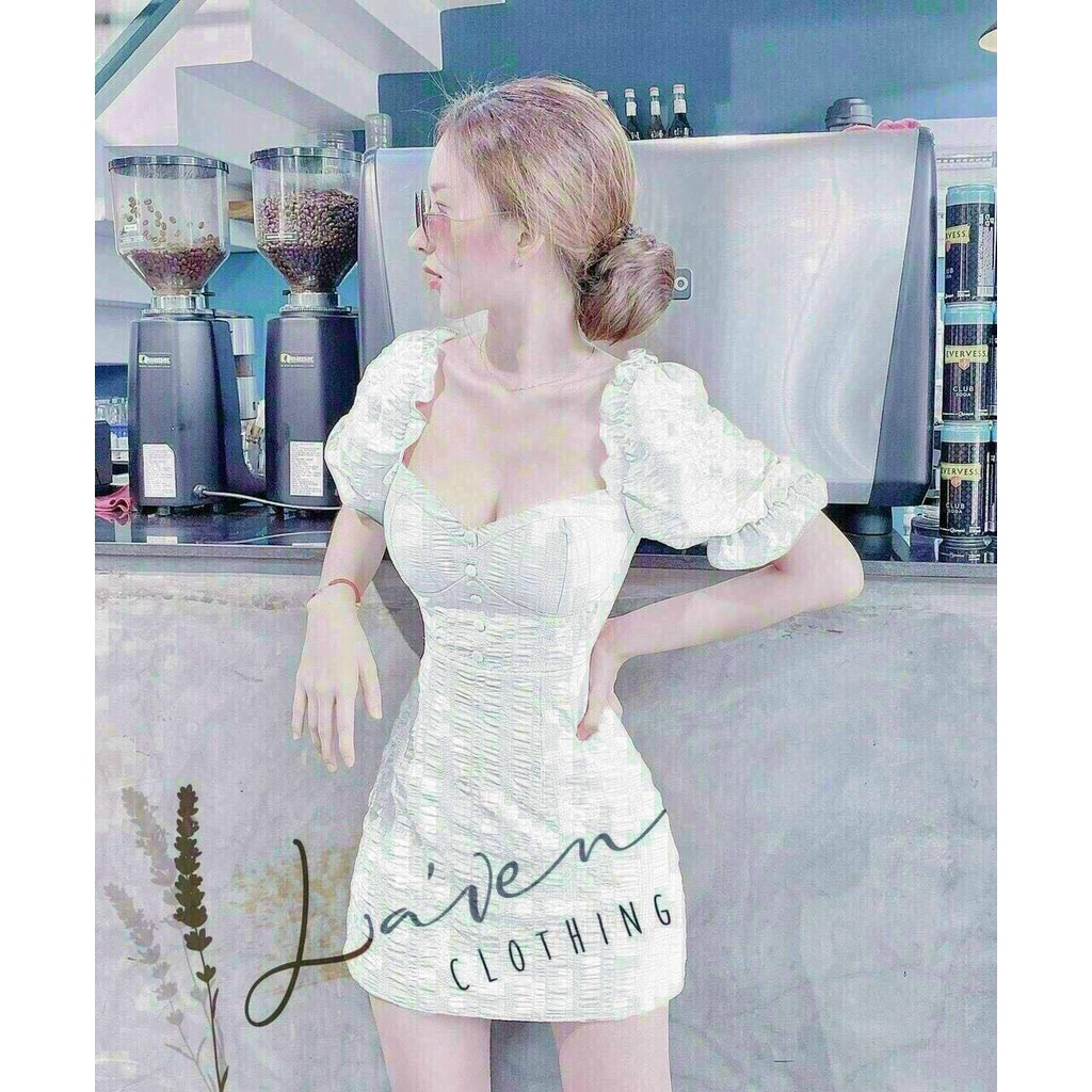 Đầm tay phồng đính nút trẻ trung cá tính  quá đẹp fashionzero - 80059