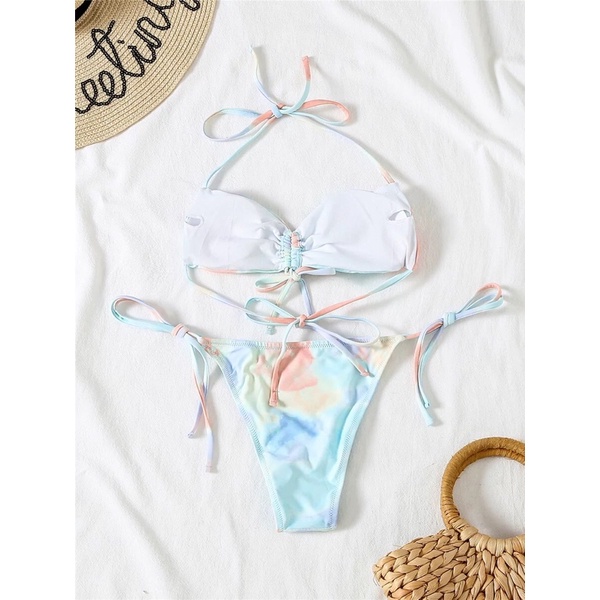 Set 3 mảnh kèm khăn quấn hông màu loang áo ngang 3M0082