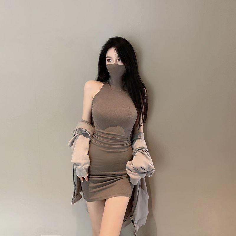 Đầm Body Ngắn Sexy Cổ Cao Màu Đen Không Tay Thời Trang Váy Tiểu Thư Phong Cách Hàn Quốc