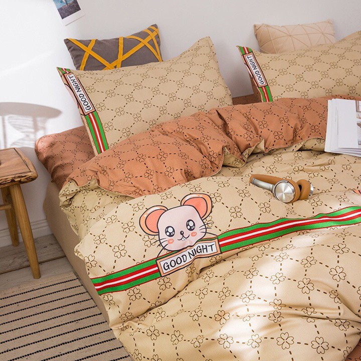 Bộ chăn ga gối drap giường chất cotton poly họa tiết chuột hồng