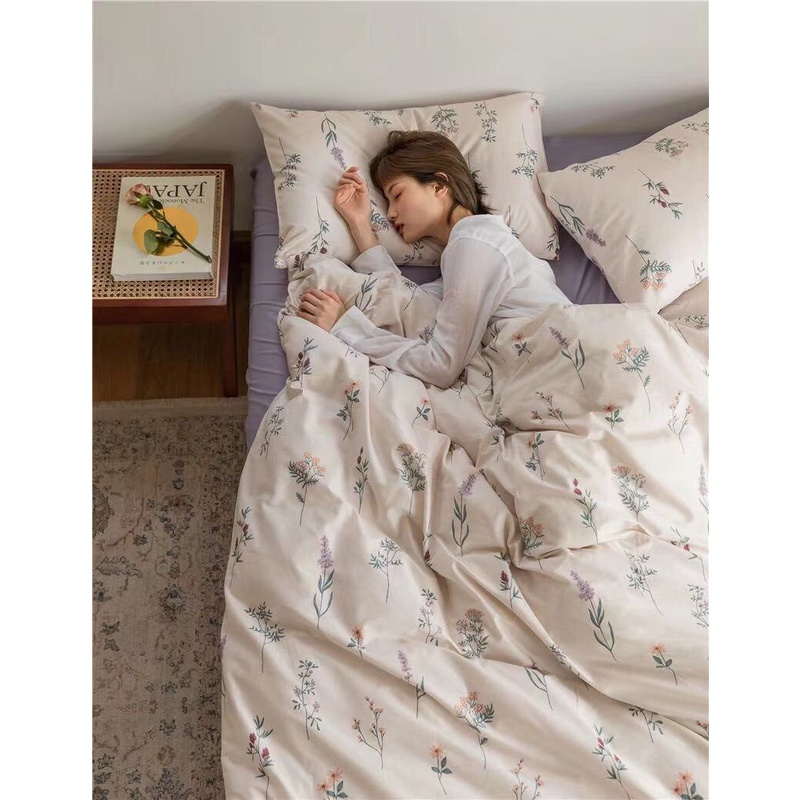 (Ảnh Thật ) Bộ Chăn Ga Gối Cotton Living 100% Hoa Lá Hồng Xanh Vàng