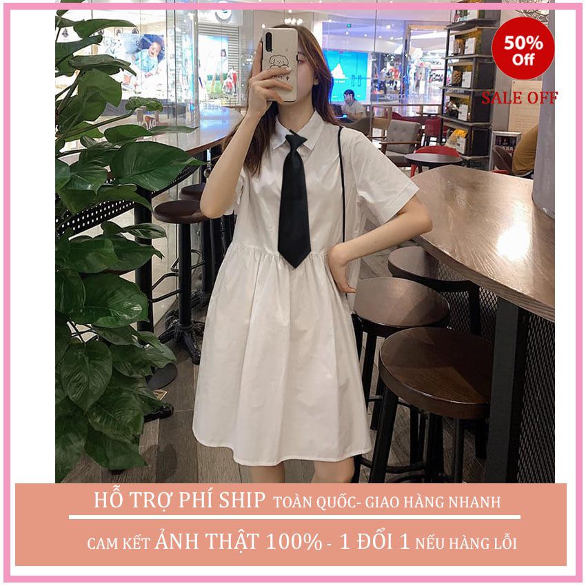 VÁY BABYDOLL MÀU TRẮNG CỔ ĐỨC CÀI KHUY CHẤT THÔ MỀM MÁT- KÈM CÀ VẠT RIÊNG  KIỂU DÁNG ULLZANG THỜI TRANG HÀN QUỐC