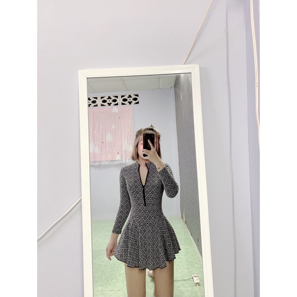 Bikini, Đồ Bơi Đi Biển Một Mảnh Liền Tay Dài Khóa Kéo Váy Xòe Họa Tiết ODERI KG499 | BigBuy360 - bigbuy360.vn