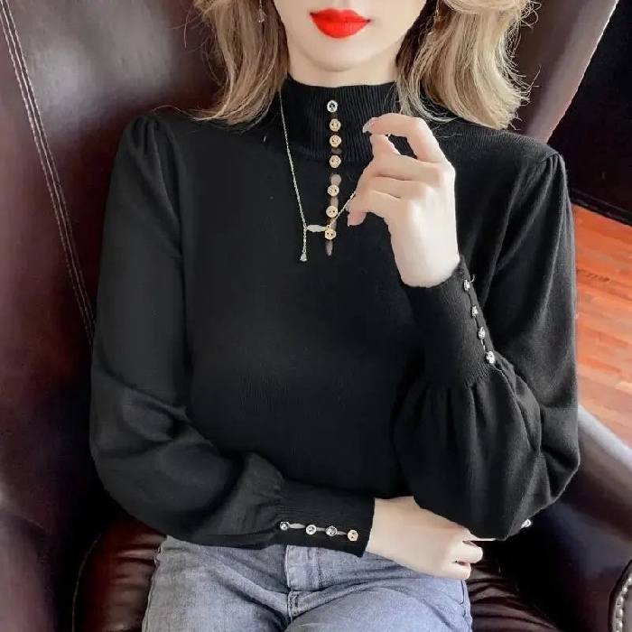 【ZHELIHANGFEI】Áo Sweater Cổ Lọ Tay Phồng Dáng Rộng Dễ Phối Đồ