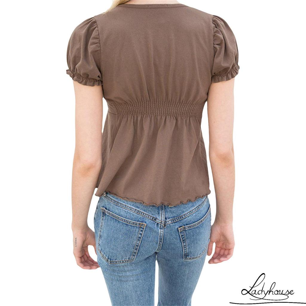 LD-Women´s Tops, V Neck Short Sleeve Fungus Trim Solid Color Loose Casual Pullover T-Shirt Summer