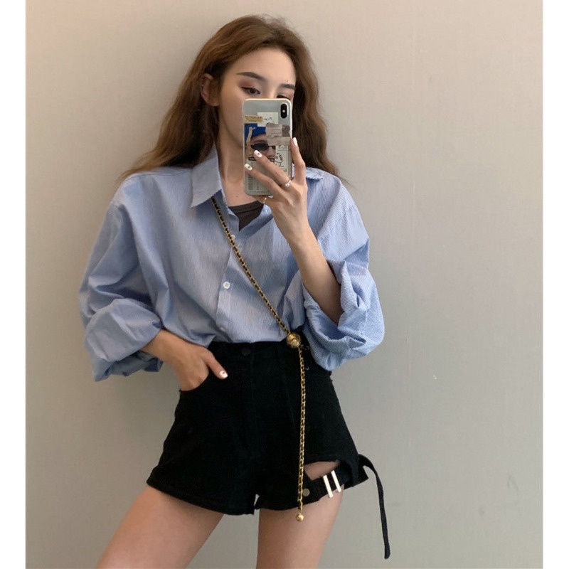 Quần Short Denim Lưng Cao Thiết Kế Không Đồng Đều Cá Tính Thời Trang