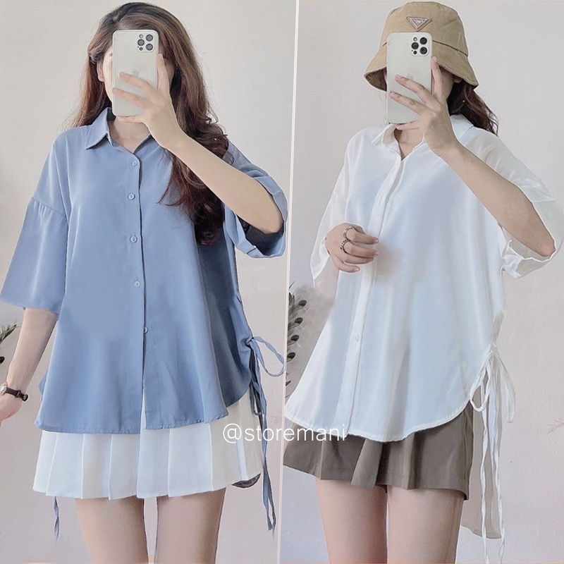 Áo sơ mi form rộng tay ngắn chất lụa buộc nơ 2 bên phong cách Ulazzang màu xanh nâu trắng mặc đi học làm chơi đẹp