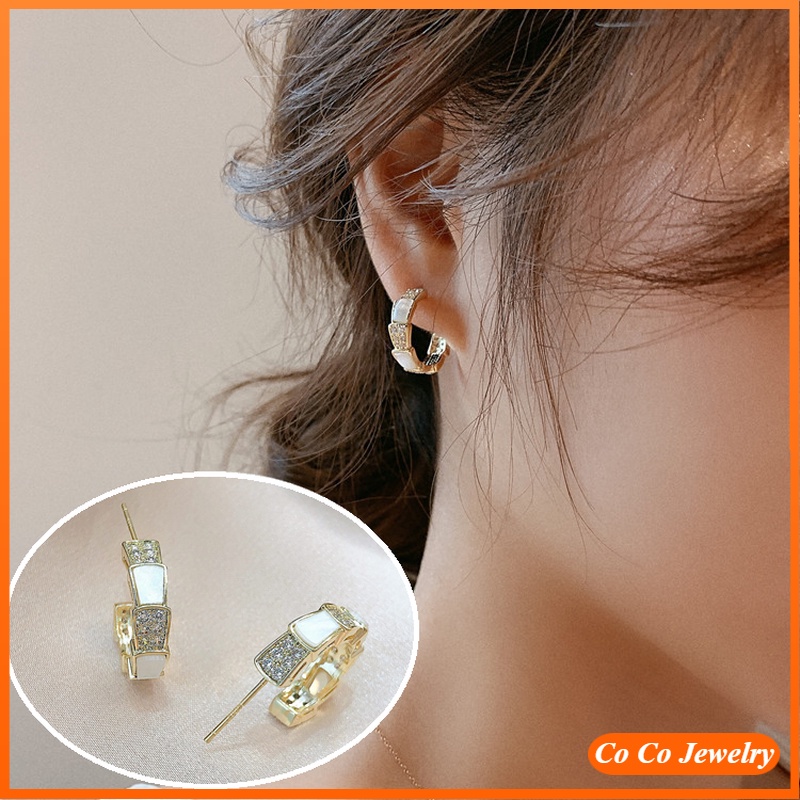 Bông Tai Mạ Bạc 925 Hình Chữ C Đính Đá Sang Trọng