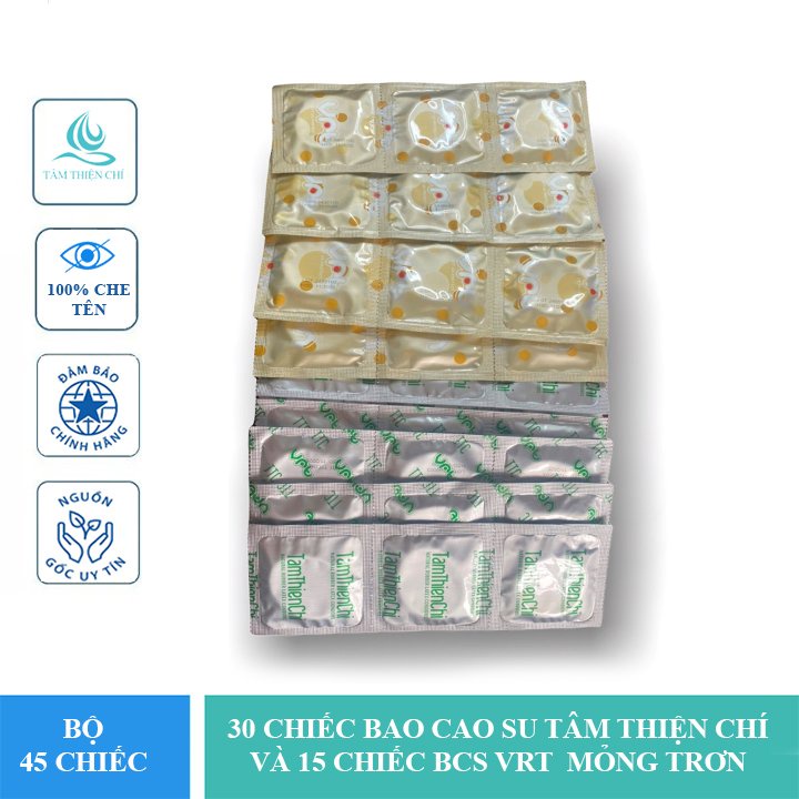Bao cao su Tâm Thiện Chí Guardian mỏng trơn mix bao cao su VRT mỏng trơn túi 45 cái